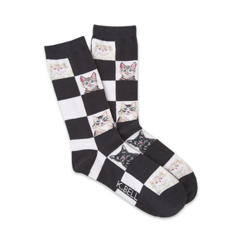 black and white checkerboard crew socks featuring nine different colorful cat designs.  