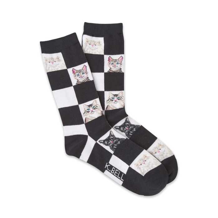 black and white checkerboard crew socks featuring nine different colorful cat designs.   }}