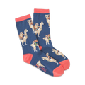 Pair of navy blue crew socks with a fun pattern of sloths riding llamas. Coral-colored cuffs add a pop of color.