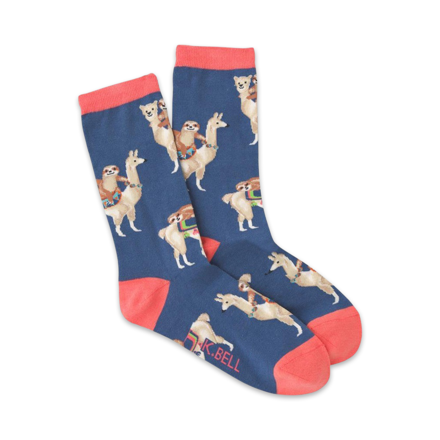 Pair of navy blue crew socks with a fun pattern of sloths riding llamas. Coral-colored cuffs add a pop of color.