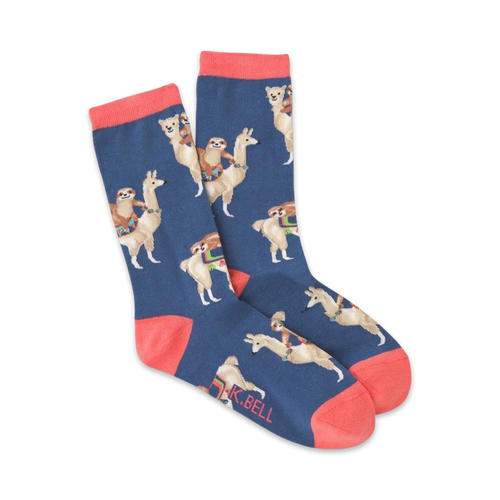 Pair of navy blue crew socks with a fun pattern of sloths riding llamas. Coral-colored cuffs add a pop of color.