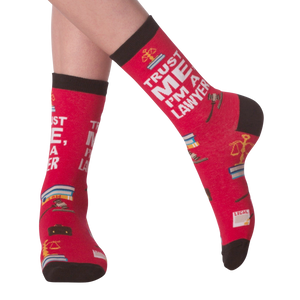 A pair of red socks with the words 