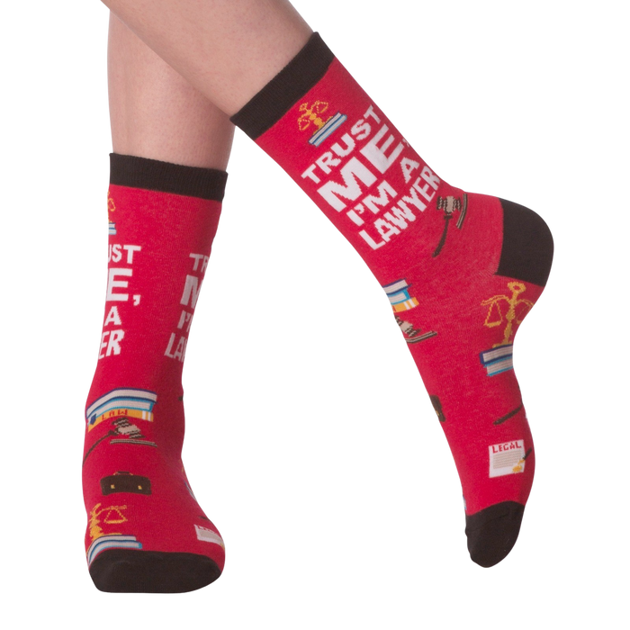 A pair of red socks with the words 
