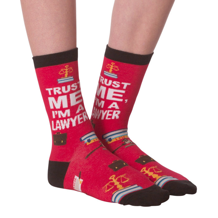 A pair of red socks with the words 