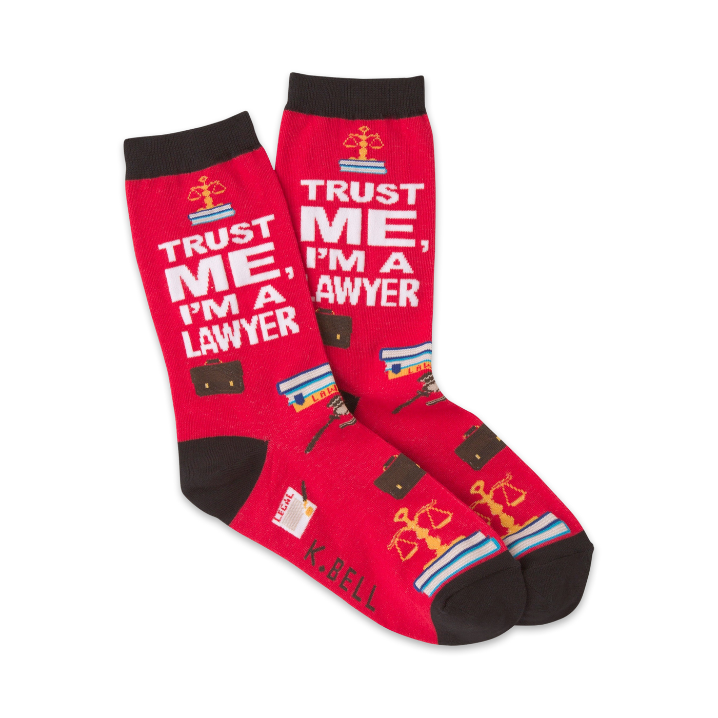 Pair of red crew socks with black cuffs.  The socks feature a repeated design of scales of justice, briefcases, and the text 'Trust Me, I'm a Lawyer'.