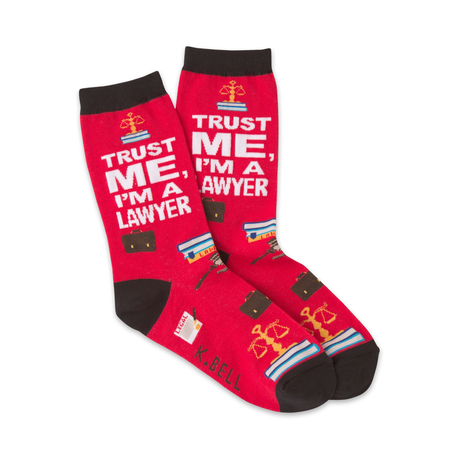 Pair of red crew socks with black cuffs.  The socks feature a repeated design of scales of justice, briefcases, and the text 'Trust Me, I'm a Lawyer'.