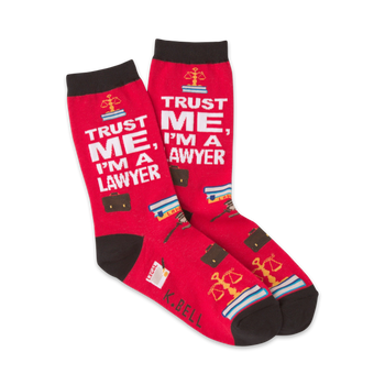women's crew socks with red and black lawyer motif featuring black scales of justice, briefcases, and gavels with the phrase 'trust me...i'm a lawyer' repeated.   
