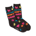 Pair of black crew socks with multicolored paw prints, dog silhouettes, and the text 'Dog Hair Don't Care'.