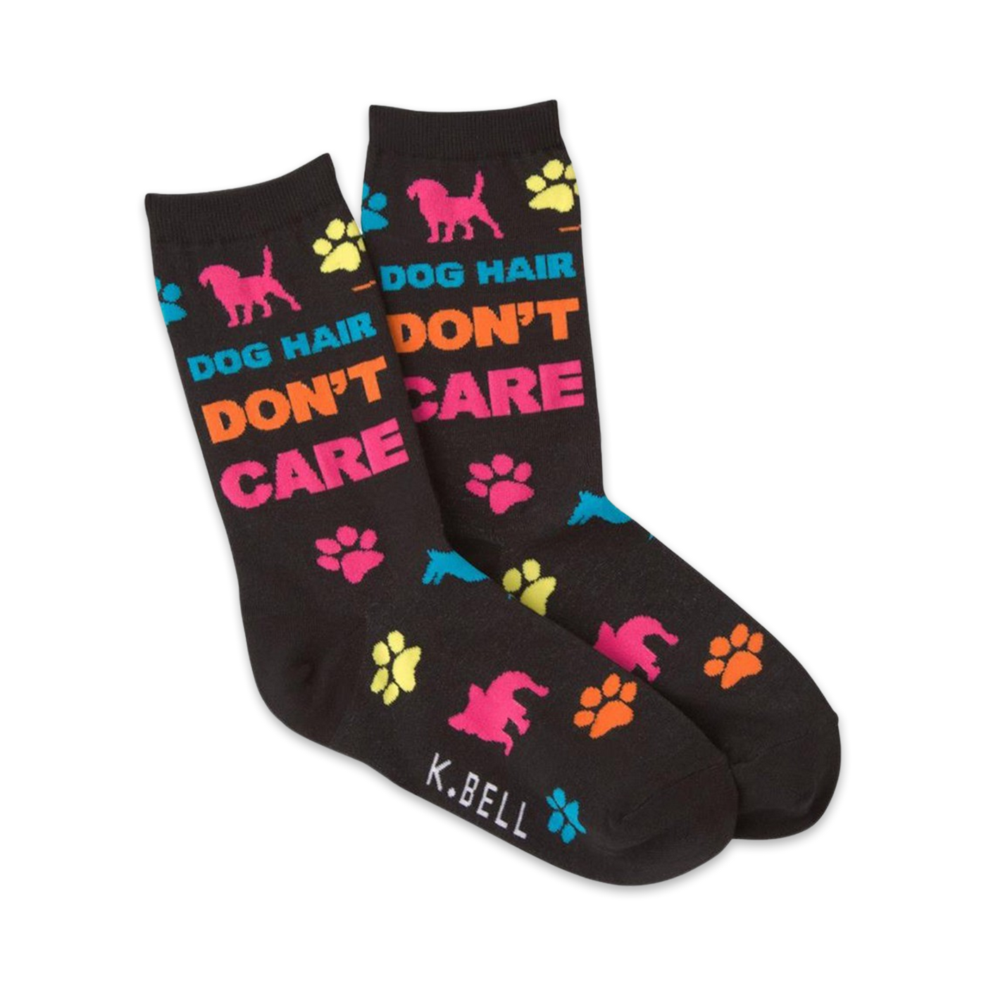 Pair of black crew socks with multicolored paw prints, dog silhouettes, and the text 'Dog Hair Don't Care'.