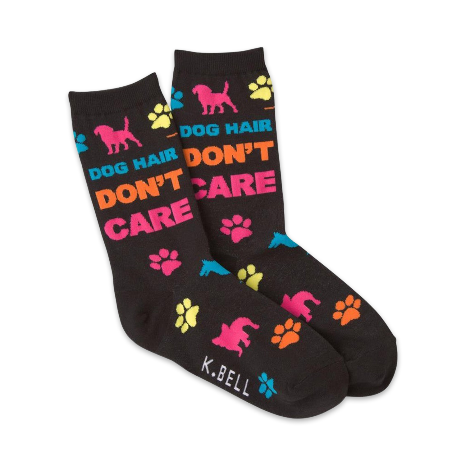 Pair of black crew socks with multicolored paw prints, dog silhouettes, and the text 'Dog Hair Don't Care'.