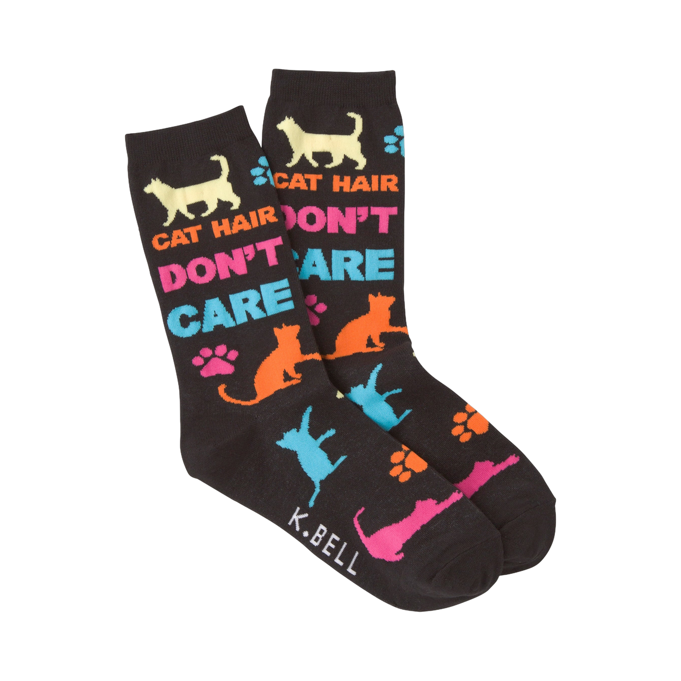 A pair of dark-colored crew socks with a playful design. The socks feature colorful cat silhouettes, paw prints, and the text 'Cat Hair Don't Care'.