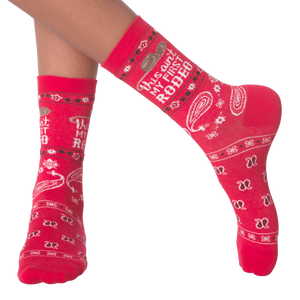 A pair of red socks with the text 