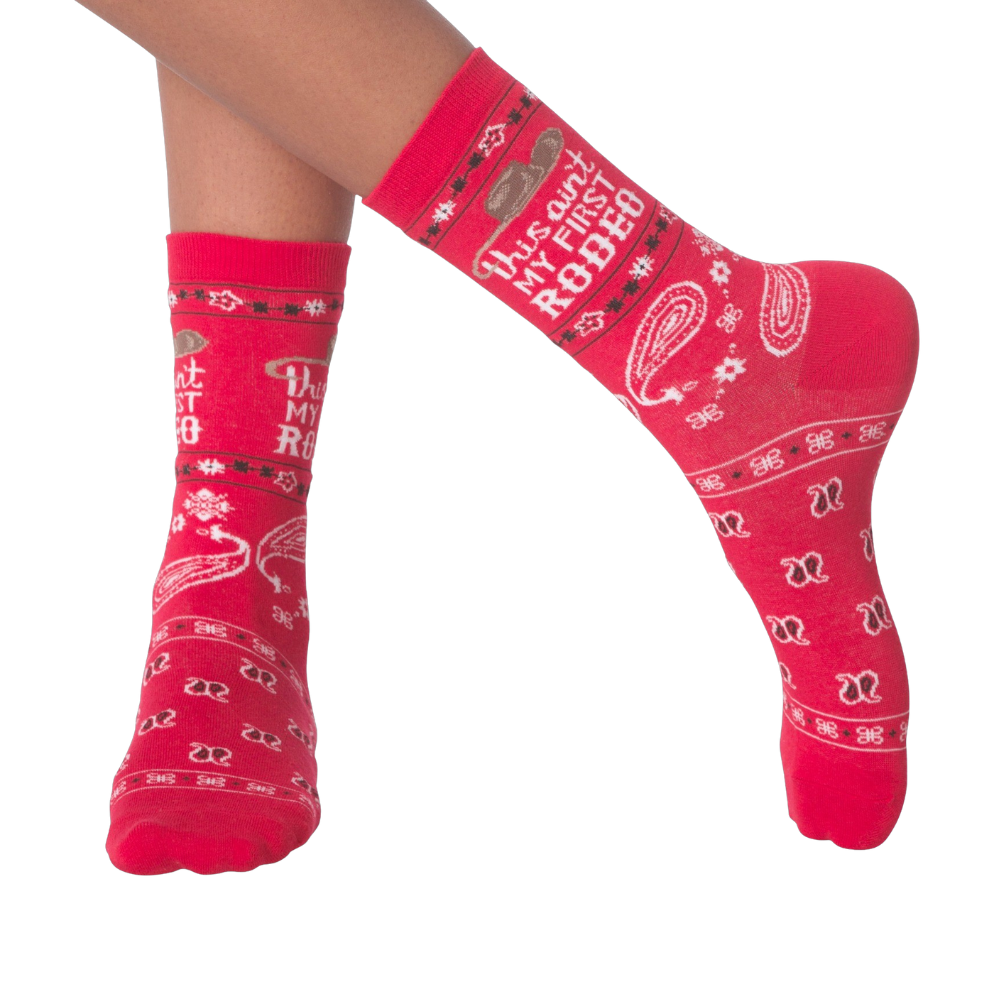 Lifestyle shot of 'Ain't My First Rodeo' socks on a person's legs.