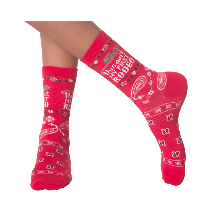 Lifestyle shot of 'Ain't My First Rodeo' socks on a person's legs.
