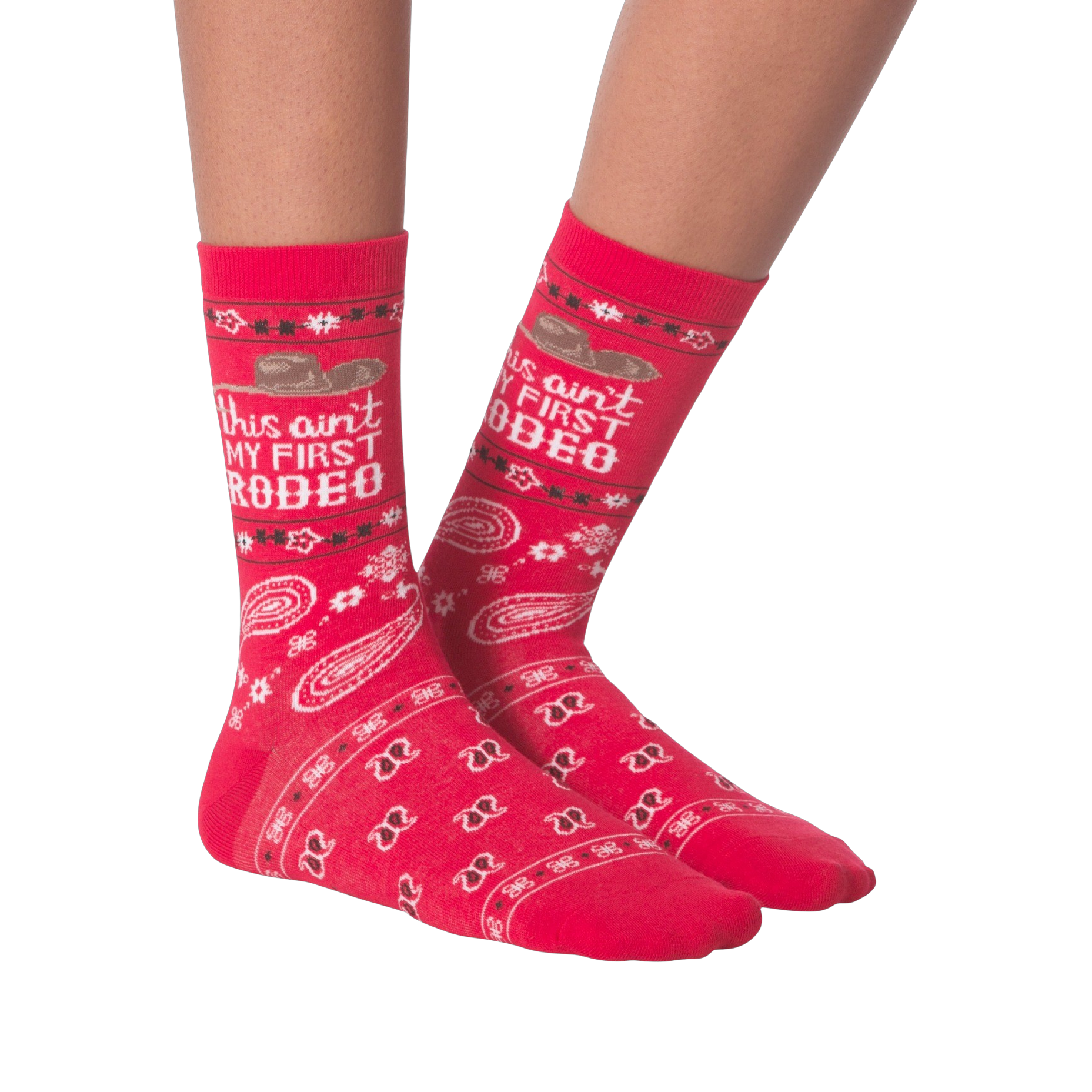 Another lifestyle shot showcasing 'Ain't My First Rodeo' socks.