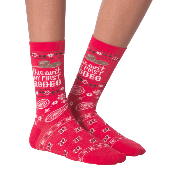 A pair of red socks with the text 