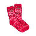 Red crew socks with a 'This ain't my first rodeo' slogan, cowboy hat graphic, and bandana print. 