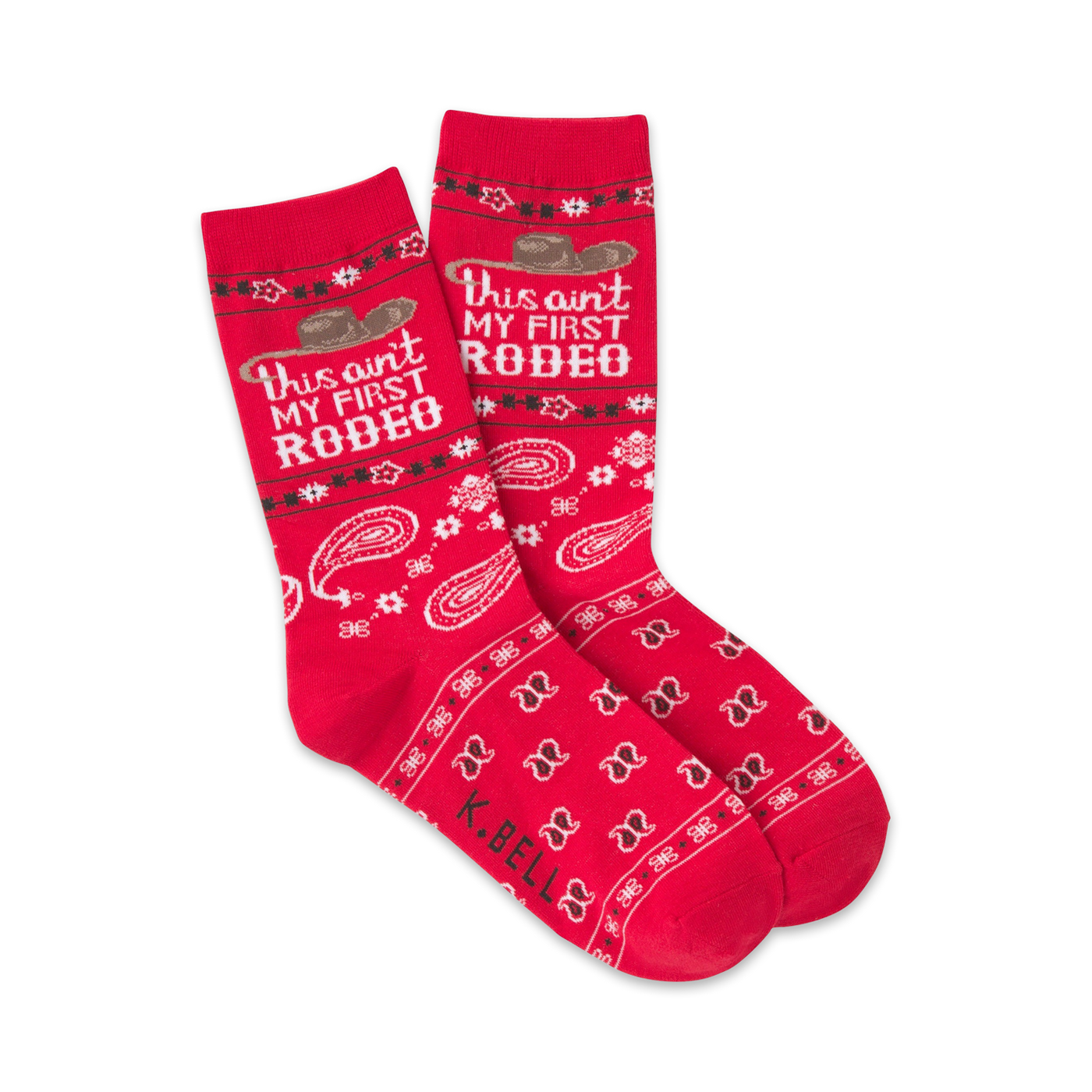 Red crew socks with a 'This ain't my first rodeo' slogan, cowboy hat graphic, and bandana print. 