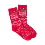 Red crew socks with a 'This ain't my first rodeo' slogan, cowboy hat graphic, and bandana print. 