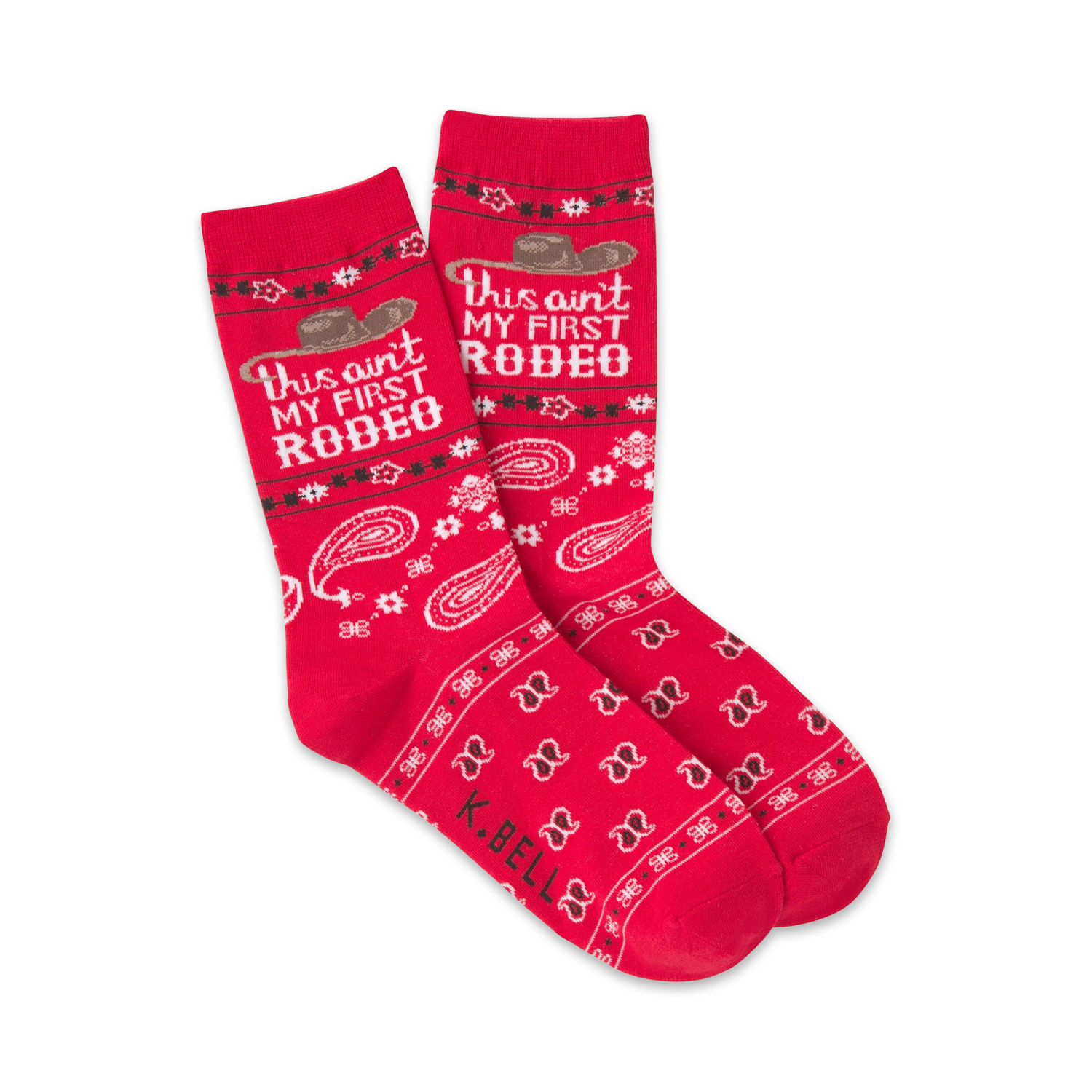 Red crew socks with a 'This ain't my first rodeo' slogan, cowboy hat graphic, and bandana print. 