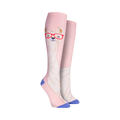 Close-up shot of Llama With Glasses knee-high socks against a black background, showcasing the sock's design details and color palette.