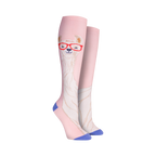 Close-up shot of Llama With Glasses knee-high socks against a black background, showcasing the sock's design details and color palette.