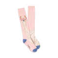 Pair of pink and cream knee-high socks featuring a whimsical illustration of a llama wearing red glasses. Blue accents at the cuffs.