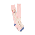 Pair of pink and cream knee-high socks featuring a whimsical illustration of a llama wearing red glasses. Blue accents at the cuffs.