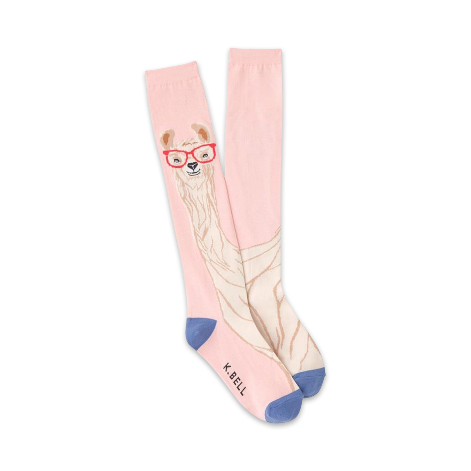 Pair of pink and cream knee-high socks featuring a whimsical illustration of a llama wearing red glasses. Blue accents at the cuffs.