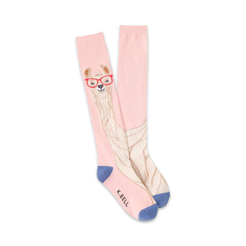 **alt text**: knee-high cotton socks with pattern of llamas wearing glasses.  