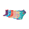 Lifestyle shot of six Happy Hour socks displayed from an angled view. Shows the socks' colors and design well.
