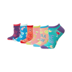Lifestyle shot of six Happy Hour socks displayed from an angled view. Shows the socks' colors and design well.