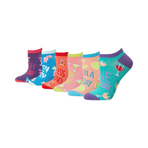 Lifestyle shot of six Happy Hour socks displayed from an angled view. Shows the socks' colors and design well.