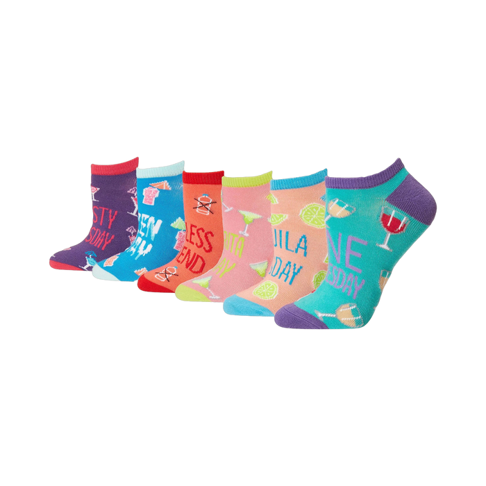 Lifestyle shot of six Happy Hour socks displayed from an angled view. Shows the socks' colors and design well.