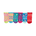 Six ankle socks shown in a row. Each sock has a different color and features a cocktail-themed design with text like 'Margarita Monday'.