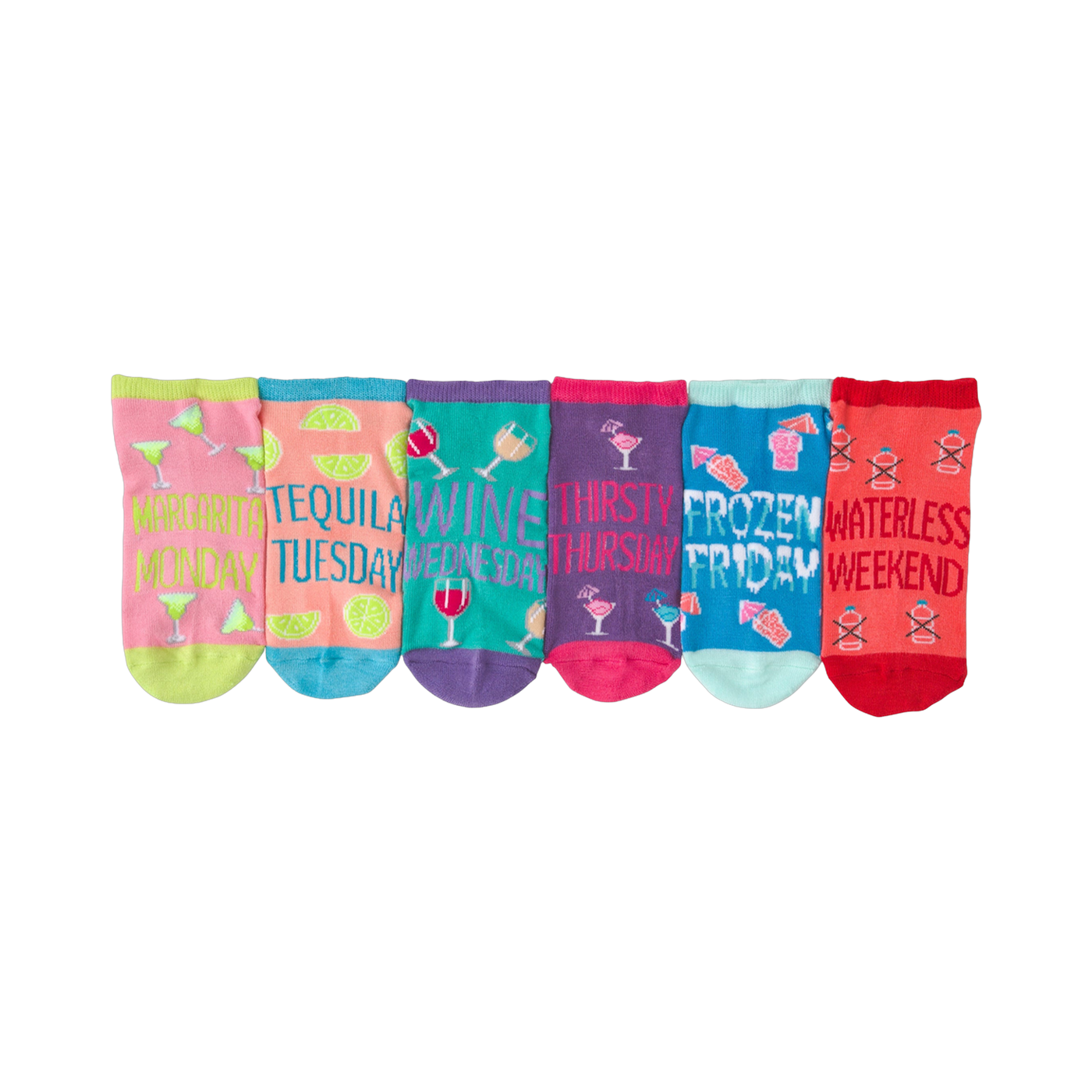 Six ankle socks shown in a row. Each sock has a different color and features a cocktail-themed design with text like 'Margarita Monday'.