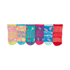 Six ankle socks shown in a row. Each sock has a different color and features a cocktail-themed design with text like 'Margarita Monday'.