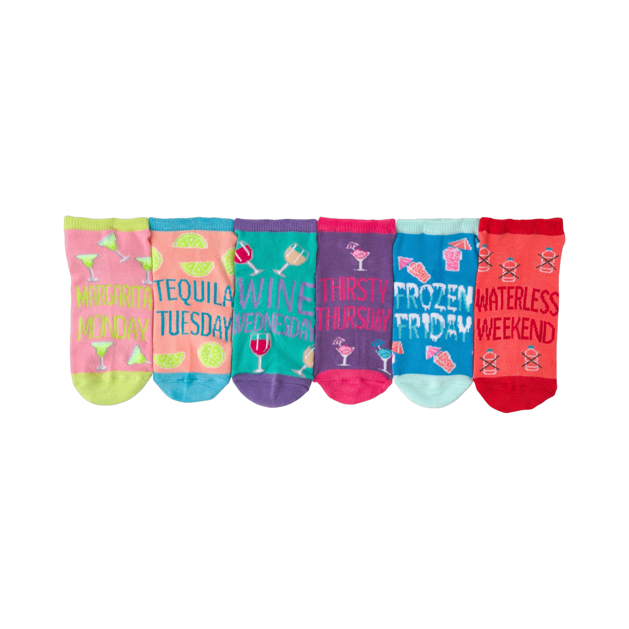 Six ankle socks shown in a row. Each sock has a different color and features a cocktail-themed design with text like 'Margarita Monday'.
