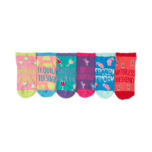 Six ankle socks shown in a row. Each sock has a different color and features a cocktail-themed design with text like 'Margarita Monday'.