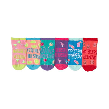 Six ankle socks shown in a row. Each sock has a different color and features a cocktail-themed design with text like 'Margarita Monday'.