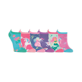 Six colorful no-show ankle socks featuring mythical creatures like mermaids, unicorns, and ethereal figures on aqua, pink, purple, and mint backgrounds.
