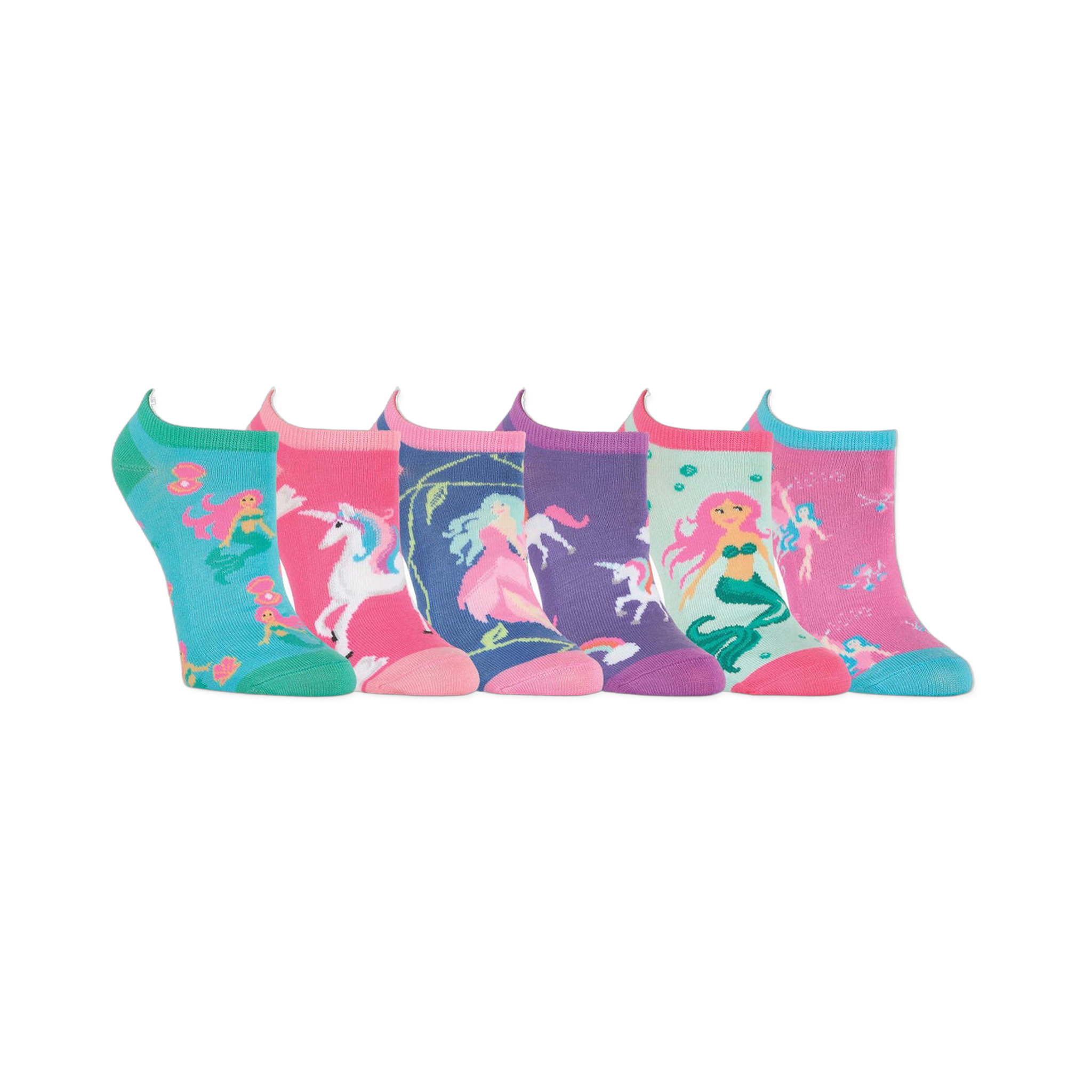 Six colorful no-show ankle socks featuring mythical creatures like mermaids, unicorns, and ethereal figures on aqua, pink, purple, and mint backgrounds.