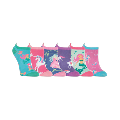 Six colorful no-show ankle socks featuring mythical creatures like mermaids, unicorns, and ethereal figures on aqua, pink, purple, and mint backgrounds.