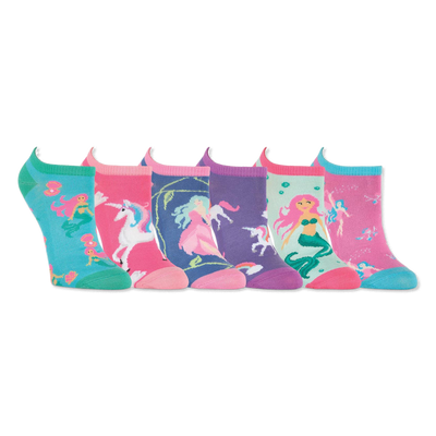 Six colorful no-show ankle socks featuring mythical creatures like mermaids, unicorns, and ethereal figures on aqua, pink, purple, and mint backgrounds.