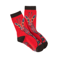 Pair of red crew socks with a pattern of giraffes wearing glasses. The giraffes are gray and the glasses are yellow.