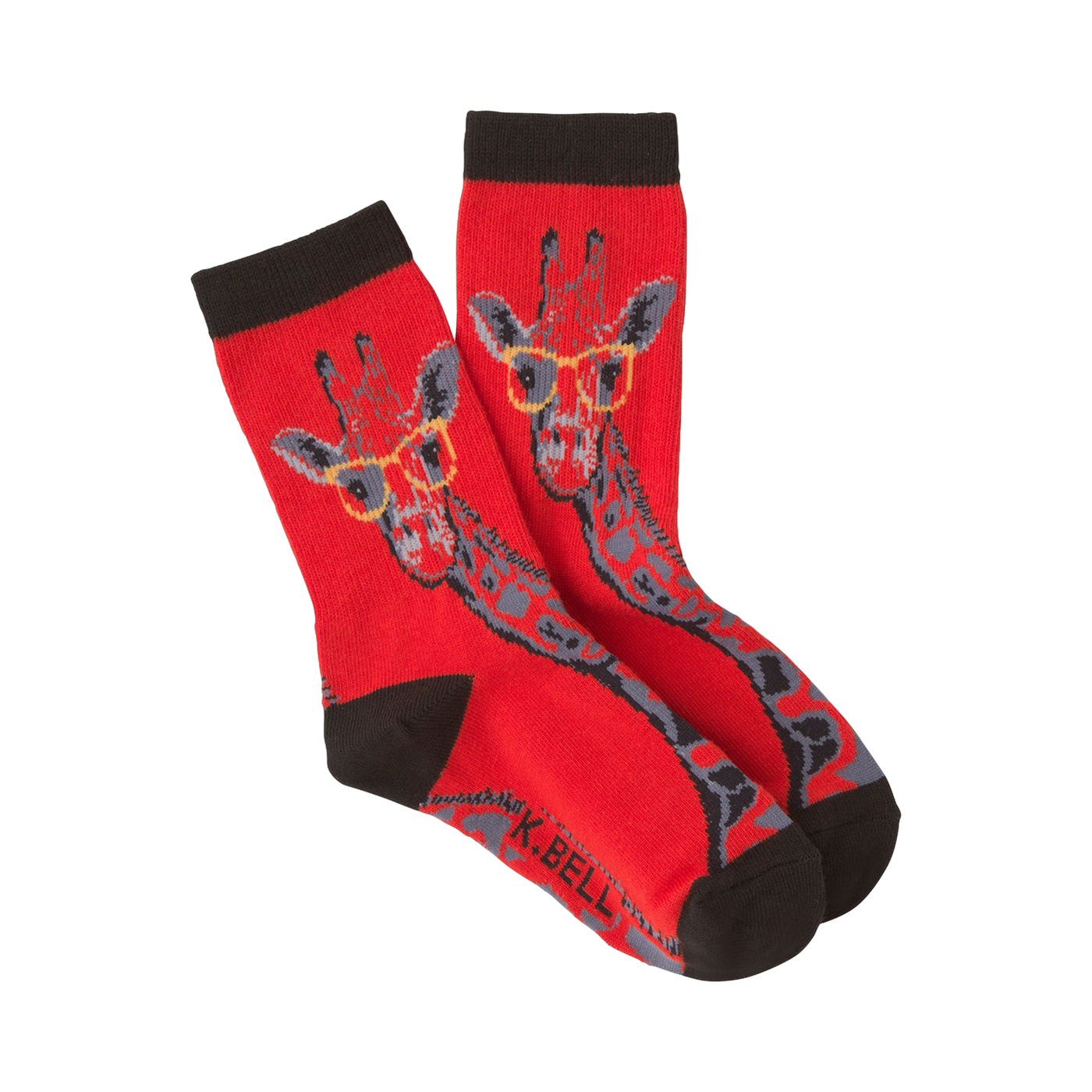 Pair of red crew socks with a pattern of giraffes wearing glasses. The giraffes are gray and the glasses are yellow.