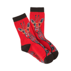 Pair of red crew socks with a pattern of giraffes wearing glasses. The giraffes are gray and the glasses are yellow.