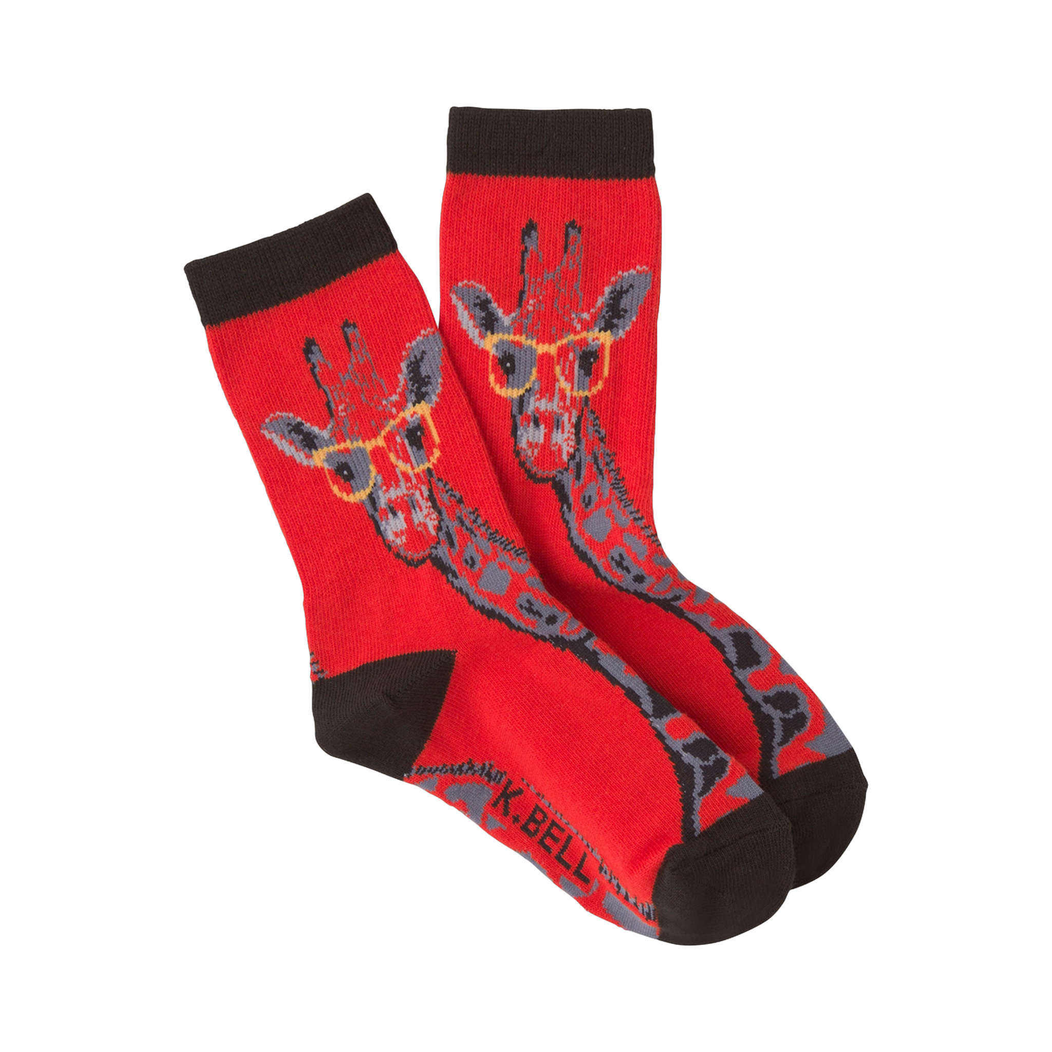 Pair of red crew socks with a pattern of giraffes wearing glasses. The giraffes are gray and the glasses are yellow.
