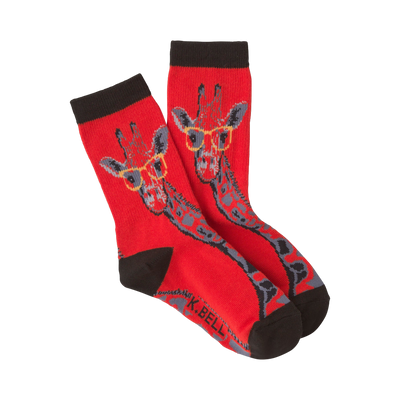 Pair of red crew socks with a pattern of giraffes wearing glasses. The giraffes are gray and the glasses are yellow.