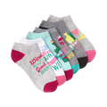 Six no-show socks in gray, white, teal, and pink.  Designs include wine bottles, glasses, hearts and phrases like 'Wine is always a good idea'.
